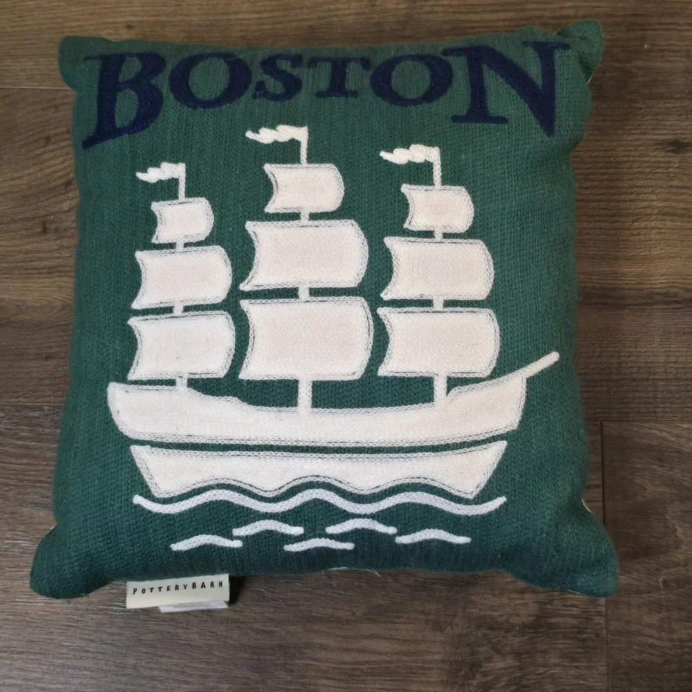 Pottery Barn Boston Tall Ship Pillow 12x12 Green Navy Embroidered Cotton‎